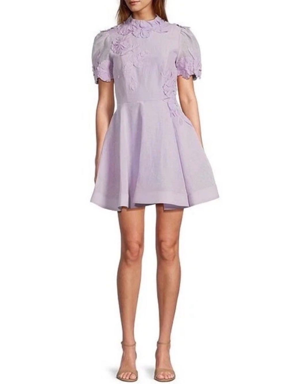 Antonio Melani SZ 12 Iris Linen Floral Appliqué Mockneck  SS Dress Lavender NWT